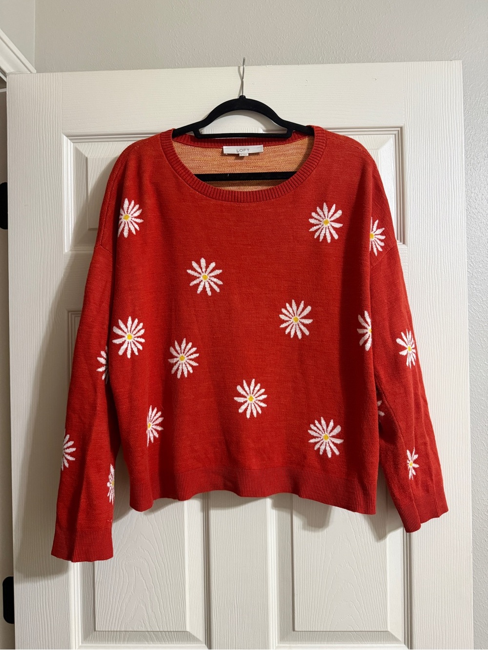 LOFT Red Crewneck Sweater with White Daisy Motif